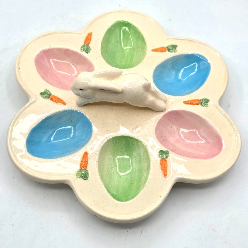 VINTAGE Ceramic Bunny Rabbit Deviled Egg Plate Platter Colorful